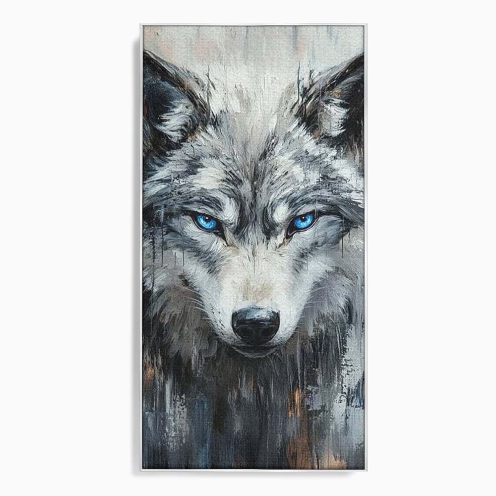 Tablou canvas cu tablou canvas cu portret de lup, in rama de aluminiu argintiu